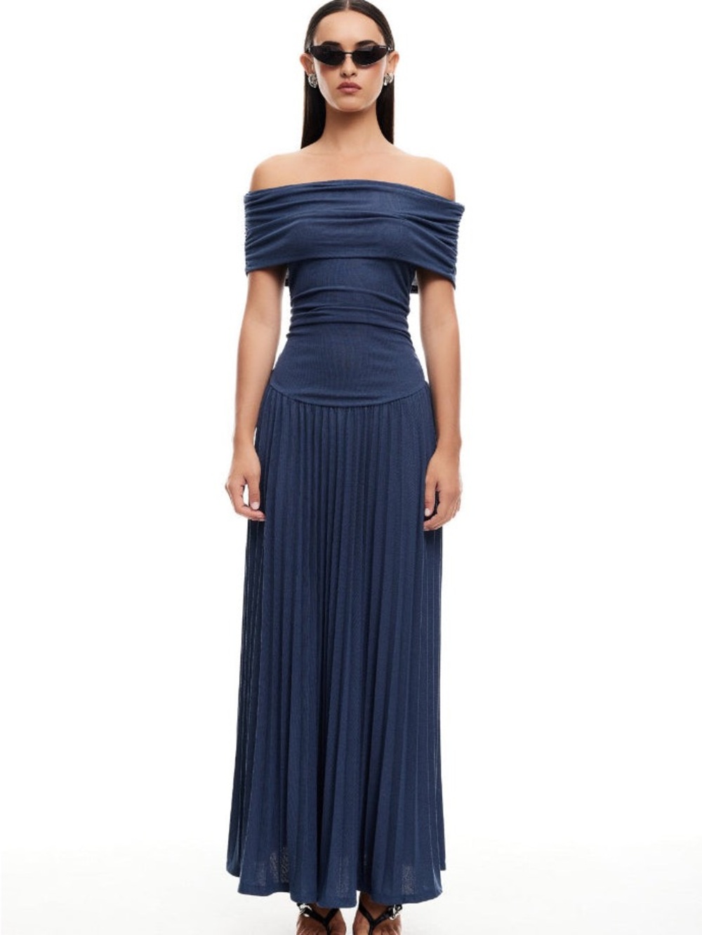 NWT Lioness Off-Shoulder Pleated Maxi Dress in Navy Large